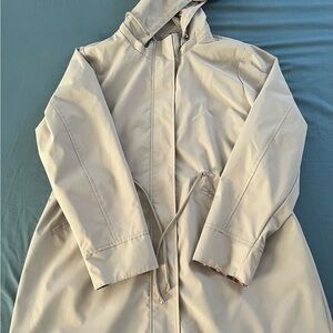 Polydeer Raincoat Womens Size XL Light Gray Hooded Plaid Lined Zip Mid Length